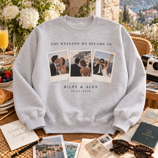 Wedding Weekend Photo Frames Personalized Crewneck Sweatshirt; hero. One Day for Lifetime
