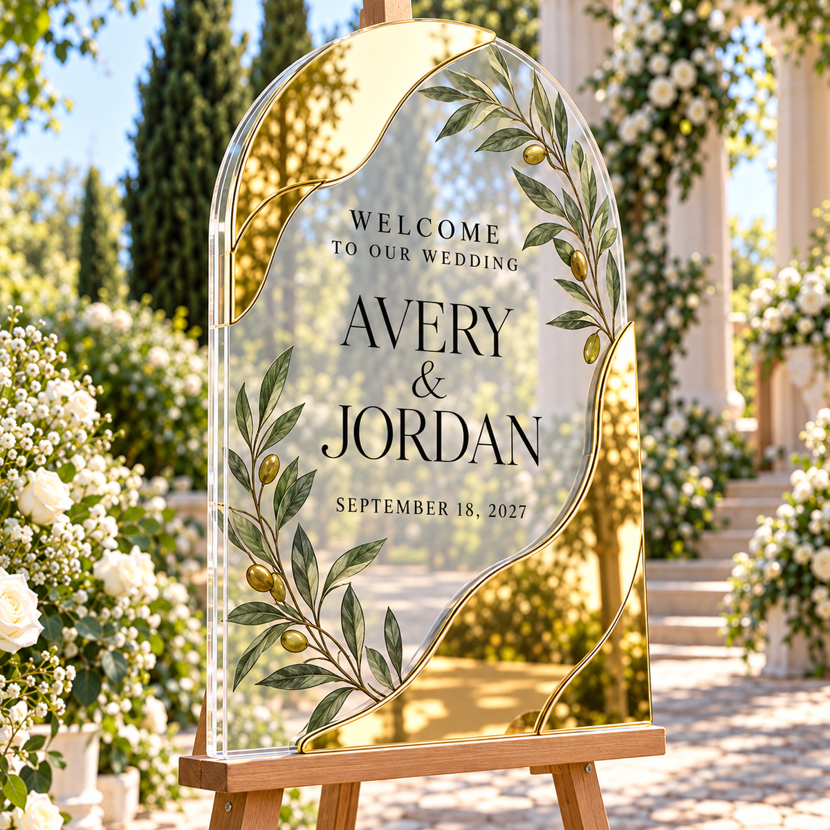 Olive Vow Personalized Mirror Acrylic Welcome Sign; left angle. One Day for Lifetime