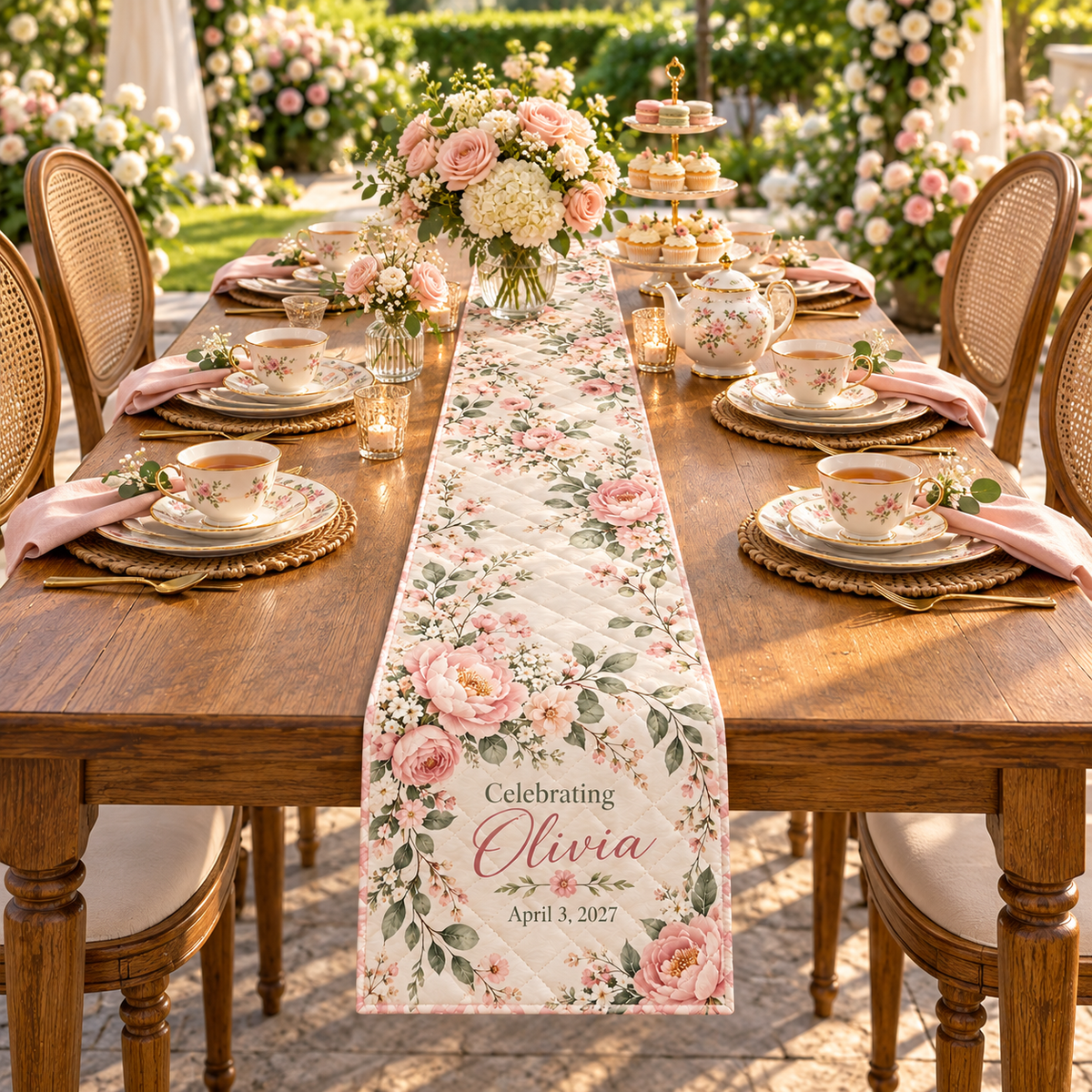 Bridal Shower Tea Quilt Table Runner; variant size. One Day for Lifetime