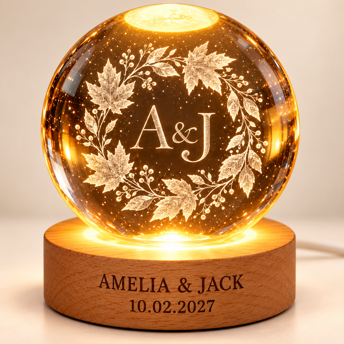 Autumn Wreath personalized crystal ball led keepsake - detail
