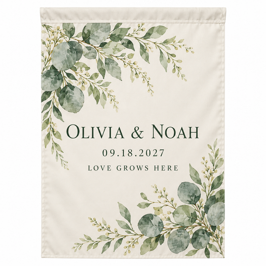 Sage Eucalyptus personalized wedding garden flag - hero