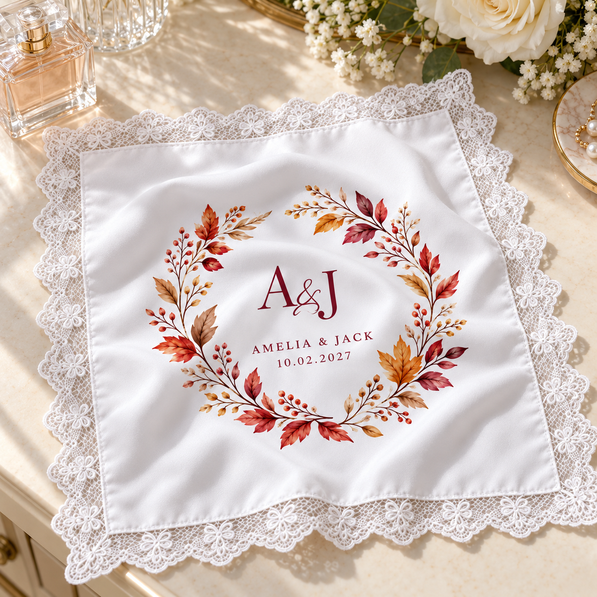 Autumn Monogram printed satin wedding handkerchief - vanity
