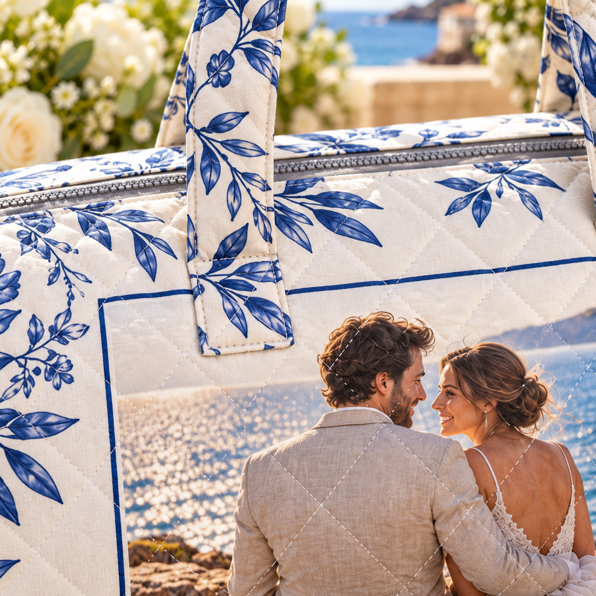 Honeymoon Memory Personalized Quilted Weekend Bag; quilt detail. One Day for Lifetime