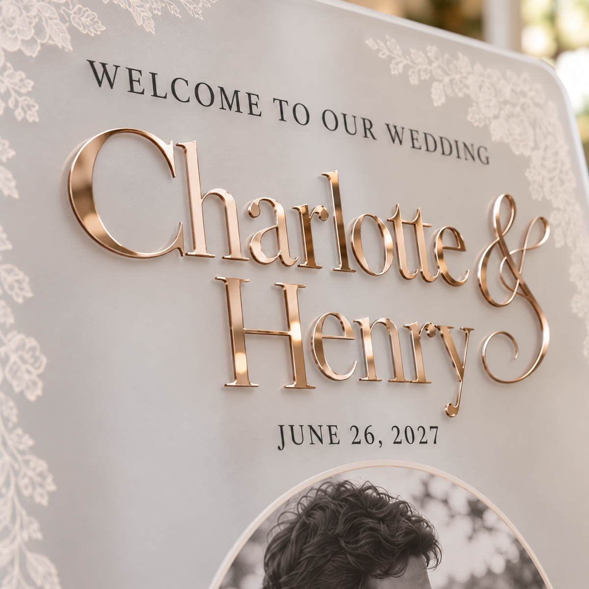 Heirloom Lace Portrait | Personalized Frosted Acrylic Wedding Sign - detail