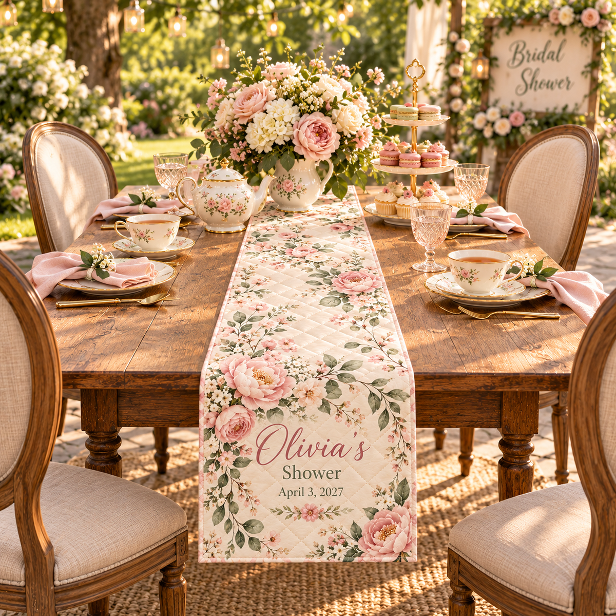 Bridal Shower Tea Quilt Table Runner; variant setting. One Day for Lifetime