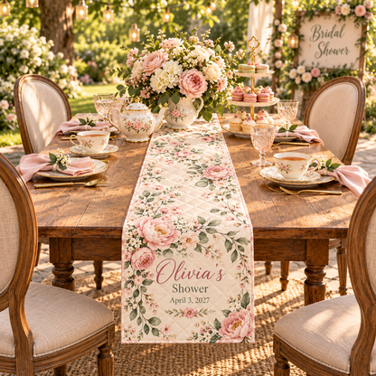 Bridal Shower Tea Quilt Table Runner; variant setting. One Day for Lifetime