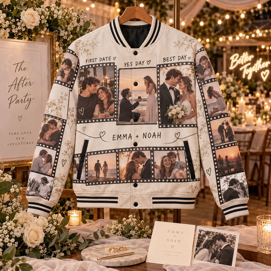 Newlywed Photo Timeline Varsity Jacket; hero. One Day for Lifetime