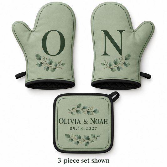 Eucalyptus personalized oven mitt and pot holder - hero
