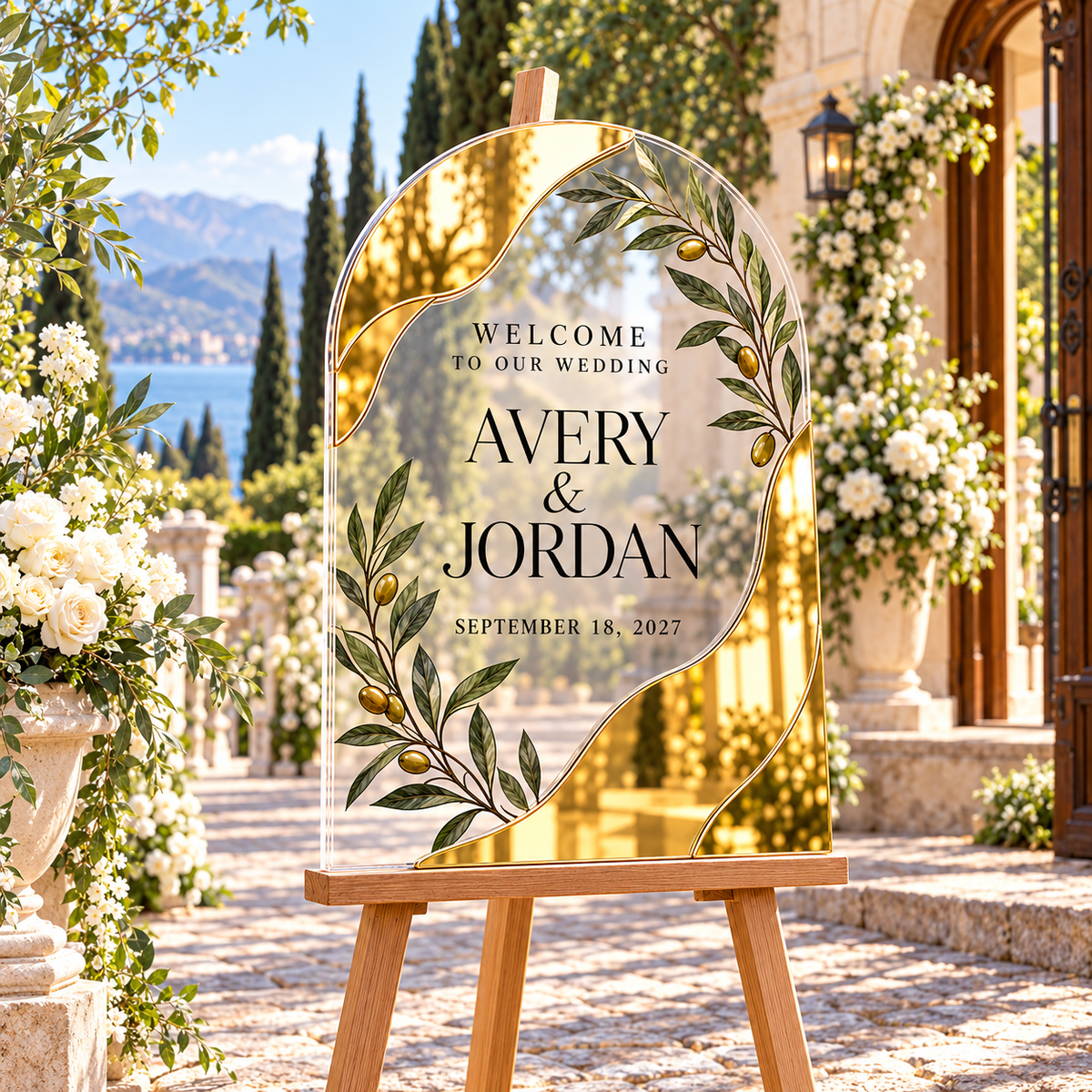 Old World Welcome Personalized Mirror Acrylic Welcome Sign; venue context. One Day for Lifetime