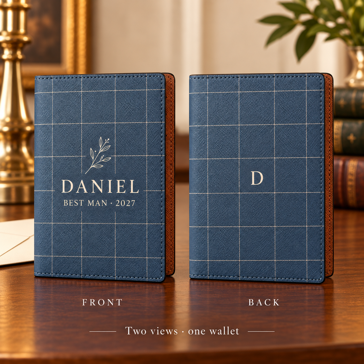 Classic Wedding Party PU Passport Wallet; front back. One Day for Lifetime