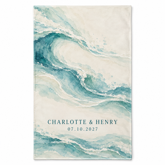 Teal Coastal Waves personalized wedding hand towel - hero