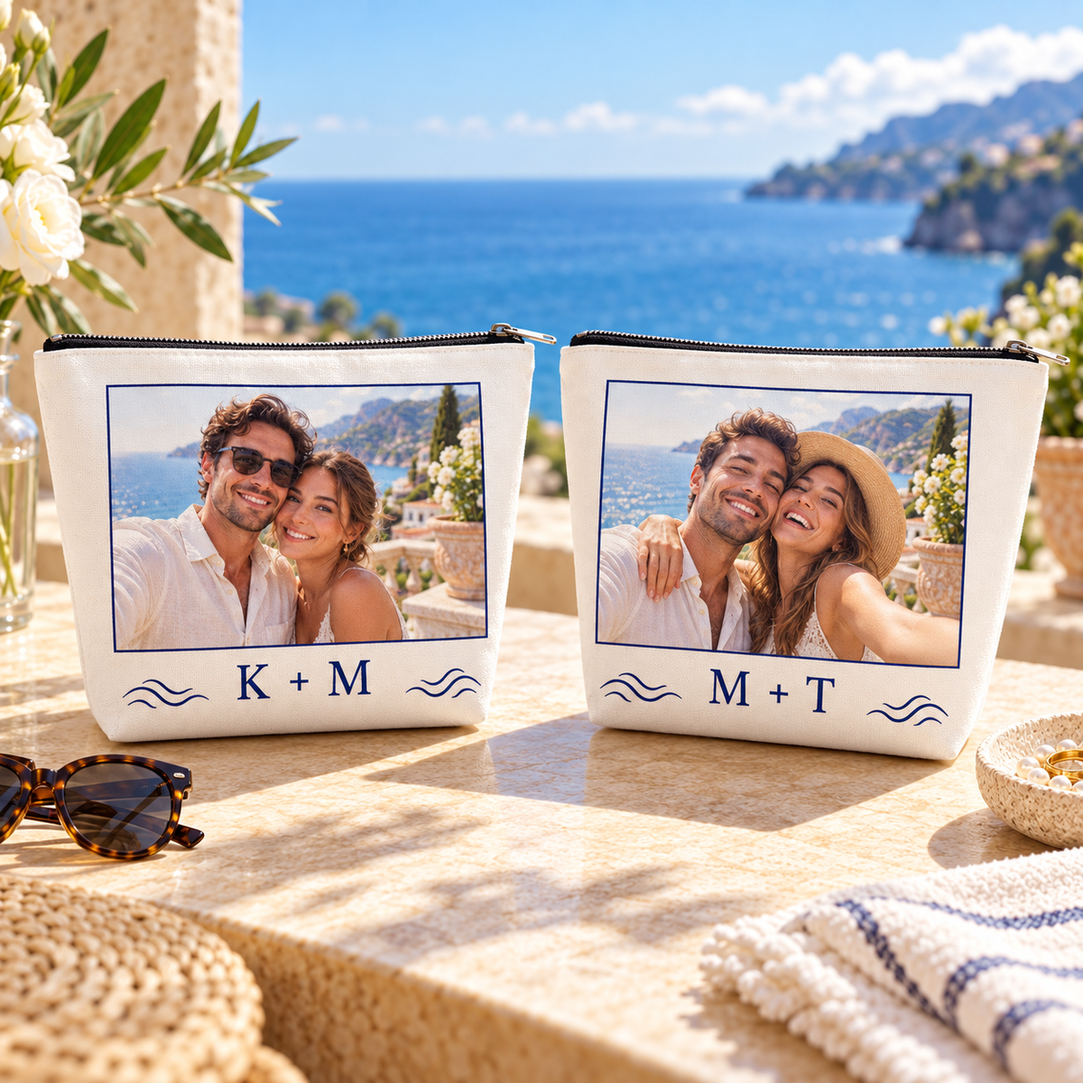 Honeymoon Postcard Cosmetic Bag; personalization examples. One Day for Lifetime