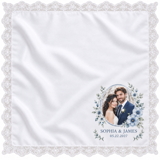 Blue Floral Photo printed satin wedding handkerchief - hero