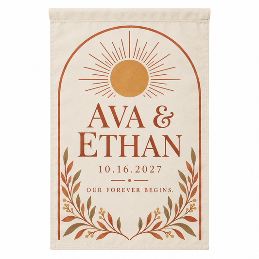 Terracotta Sun Arch personalized wedding garden flag - hero
