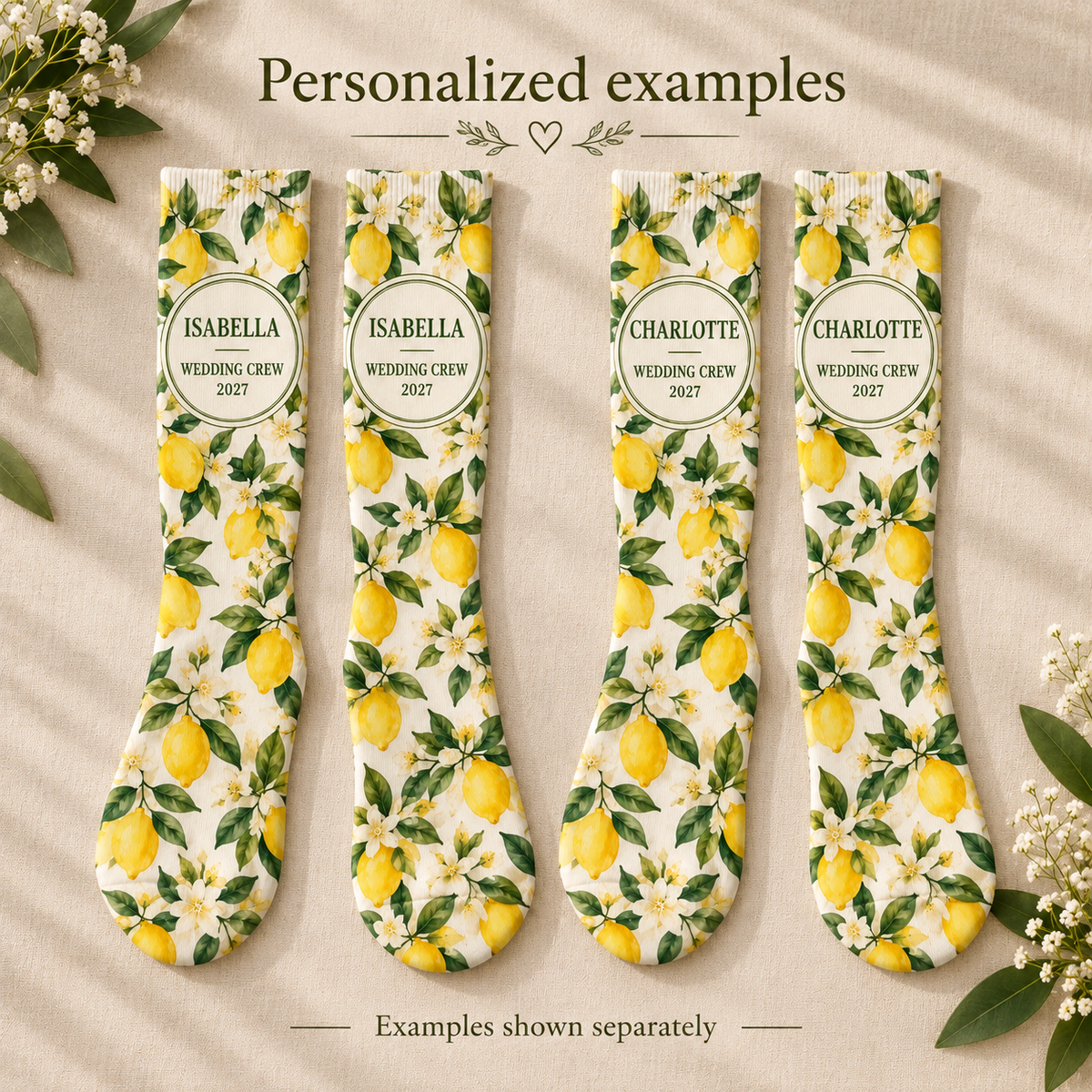 Citrus Wedding Party Socks; name examples. One Day for Lifetime