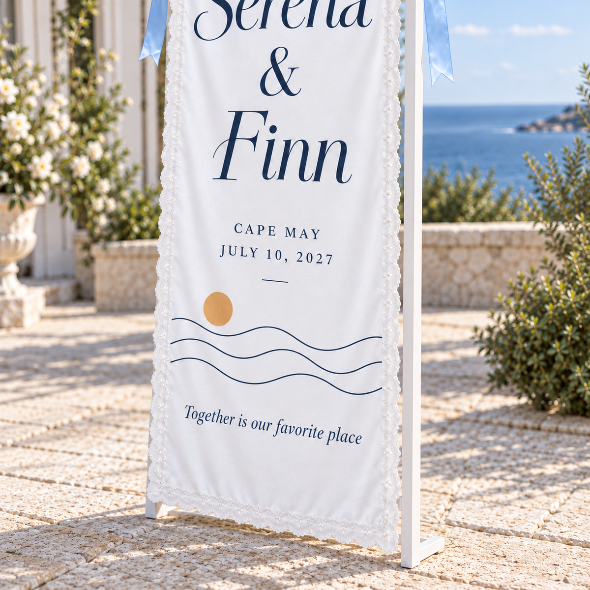 A Tide of Welcome | Personalized Lace Wedding Banner - wave lace detail