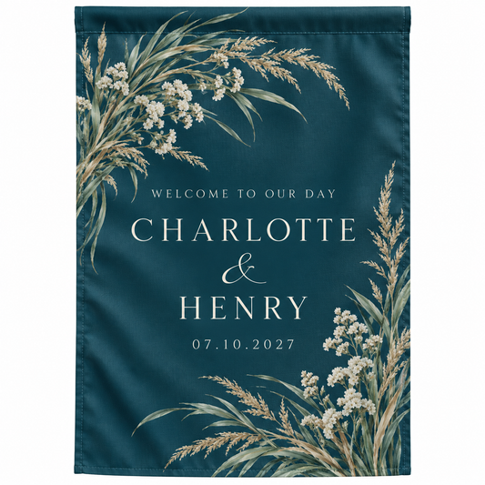 Teal Coastal Botanical personalized wedding garden flag - hero