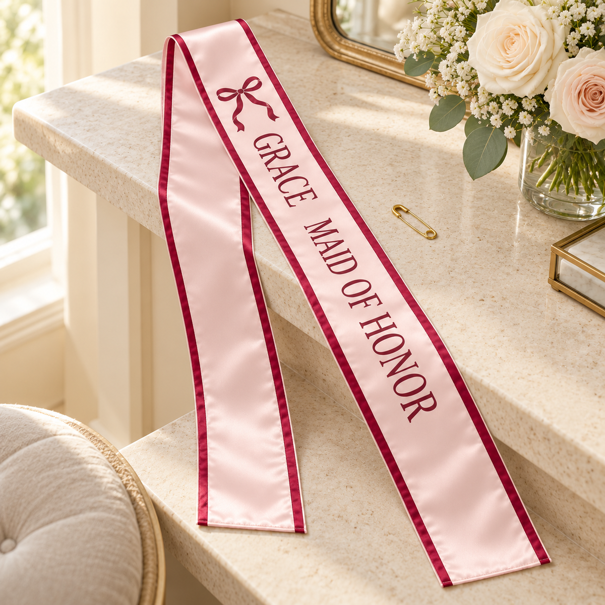 Bow Maid of Honor Satin Sash; detail. One Day for Lifetime