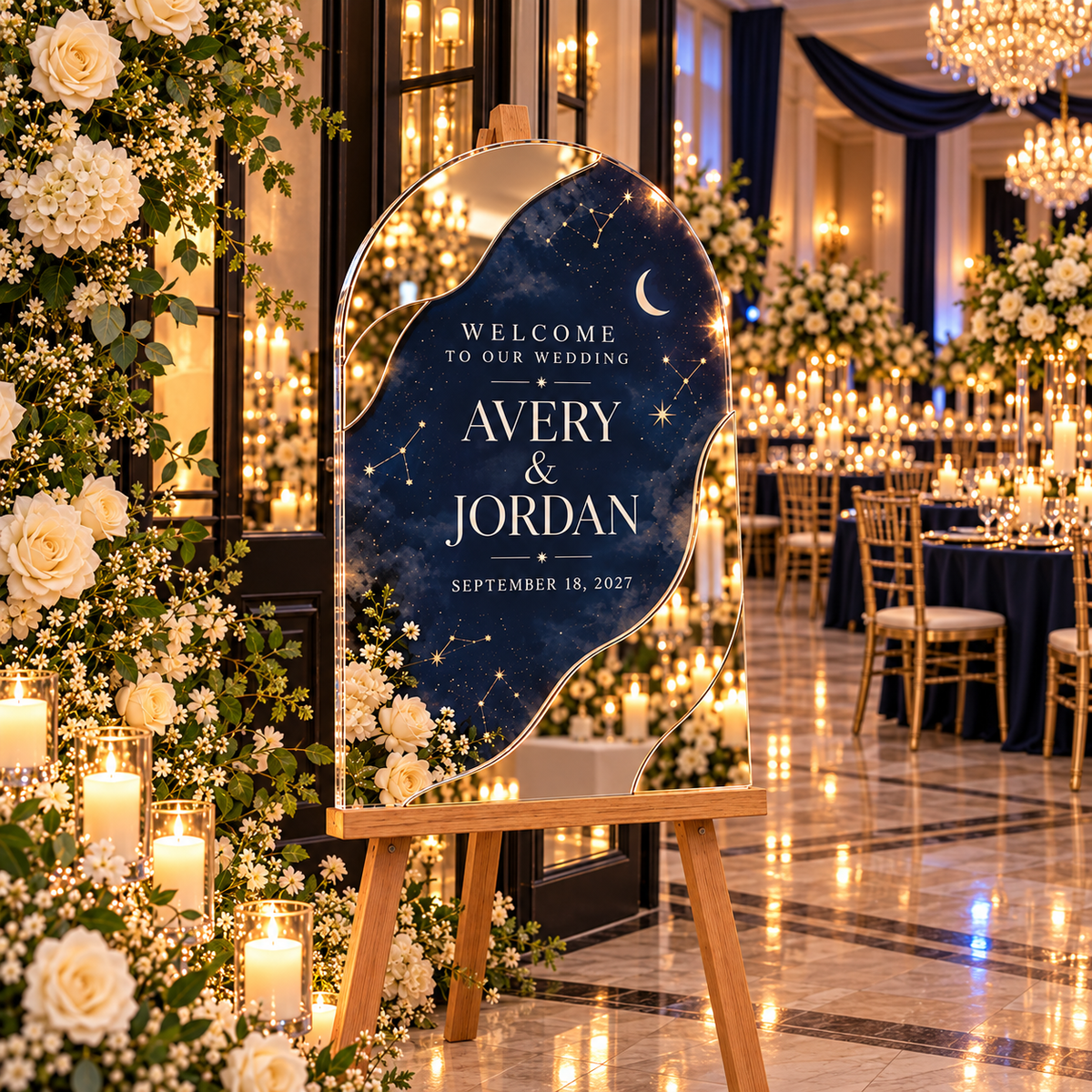 Midnight Celestial Personalized Mirror Acrylic Welcome Sign; venue context. One Day for Lifetime