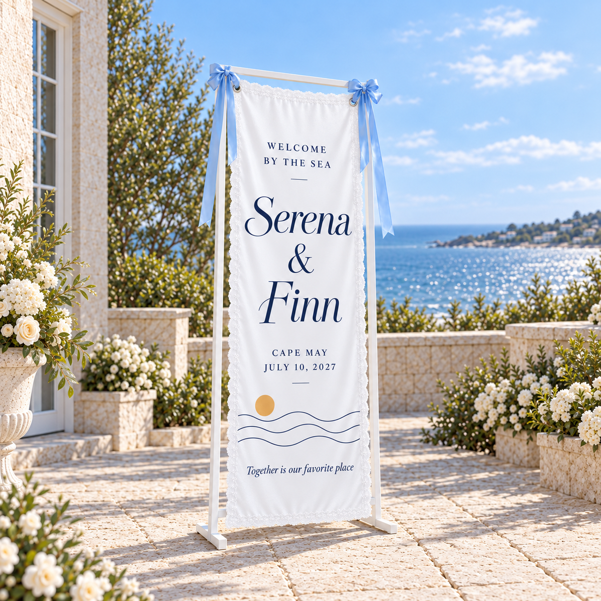 A Tide of Welcome | Personalized Lace Wedding Banner - low upward