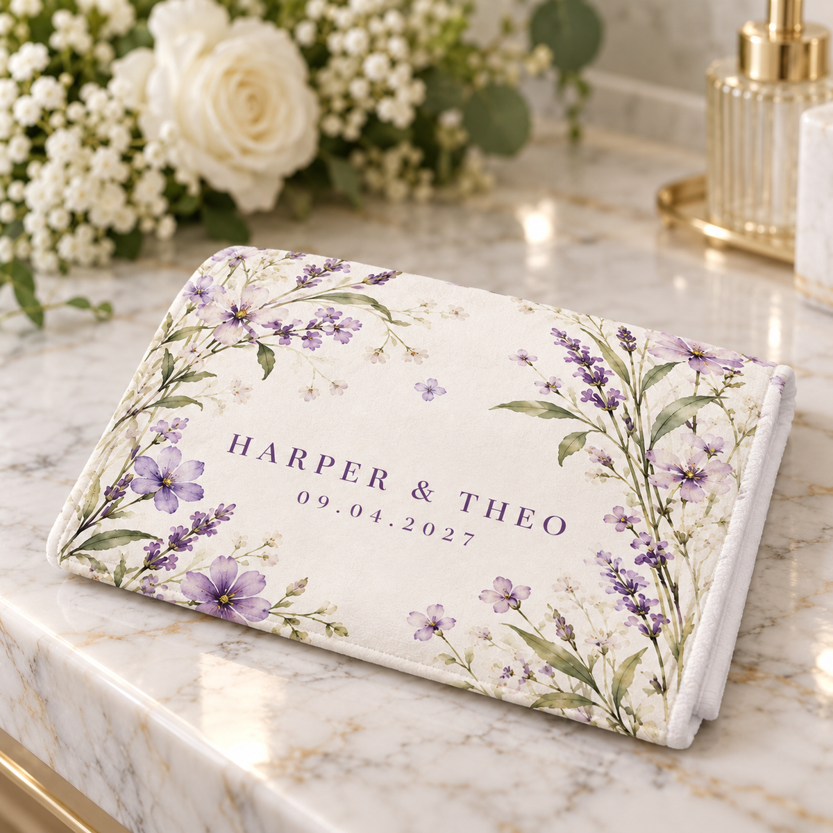 Lilac Meadow personalized wedding hand towel - counter