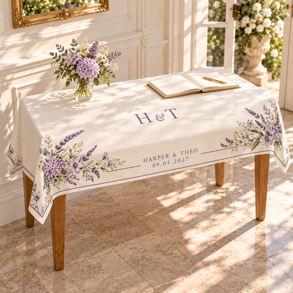 Lilac Meadow wedding table cloth - guestbook