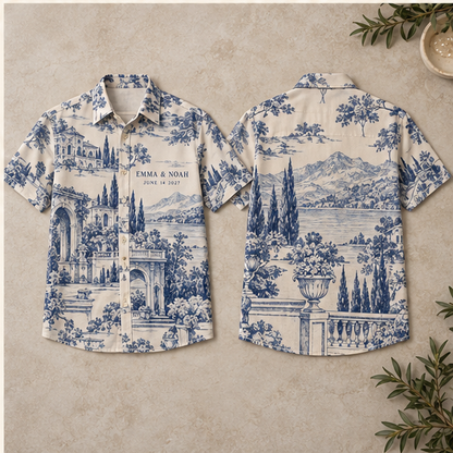 Venue Blueprint Short Sleeve Button-Down Shirt; alternate personalization. One Day for Lifetime