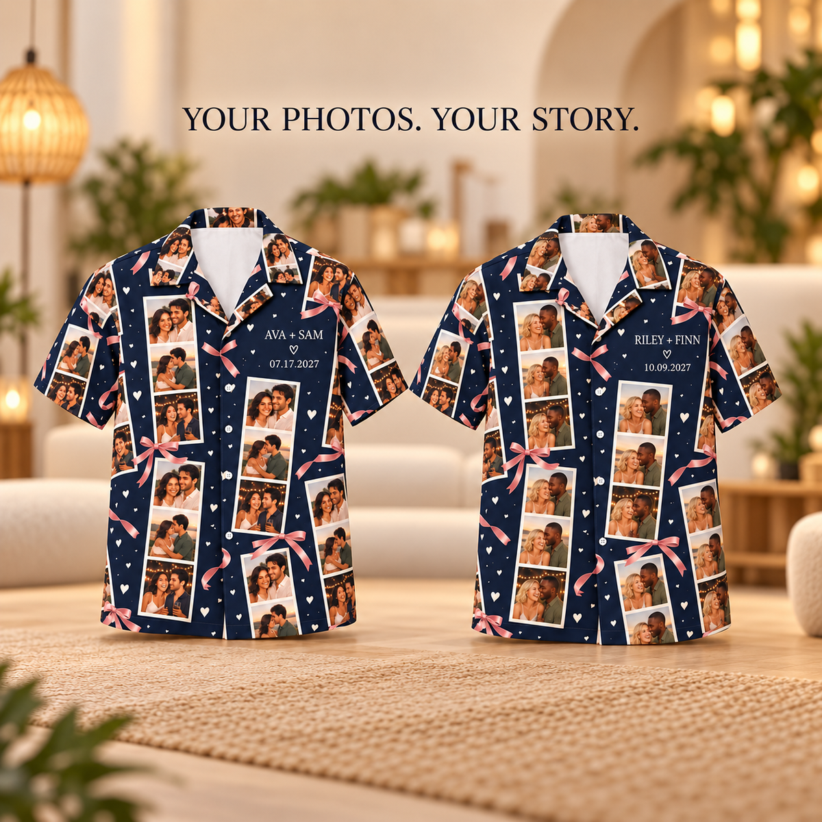 Our Story Photo Strips Hawaiian Shirt; personalization examples. One Day for Lifetime