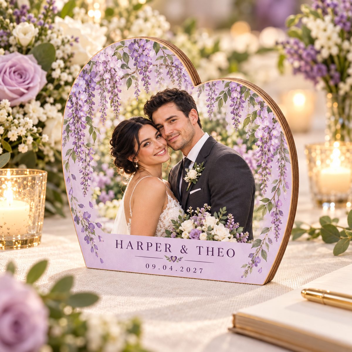 Lilac Wisteria wood photo block - wedding table