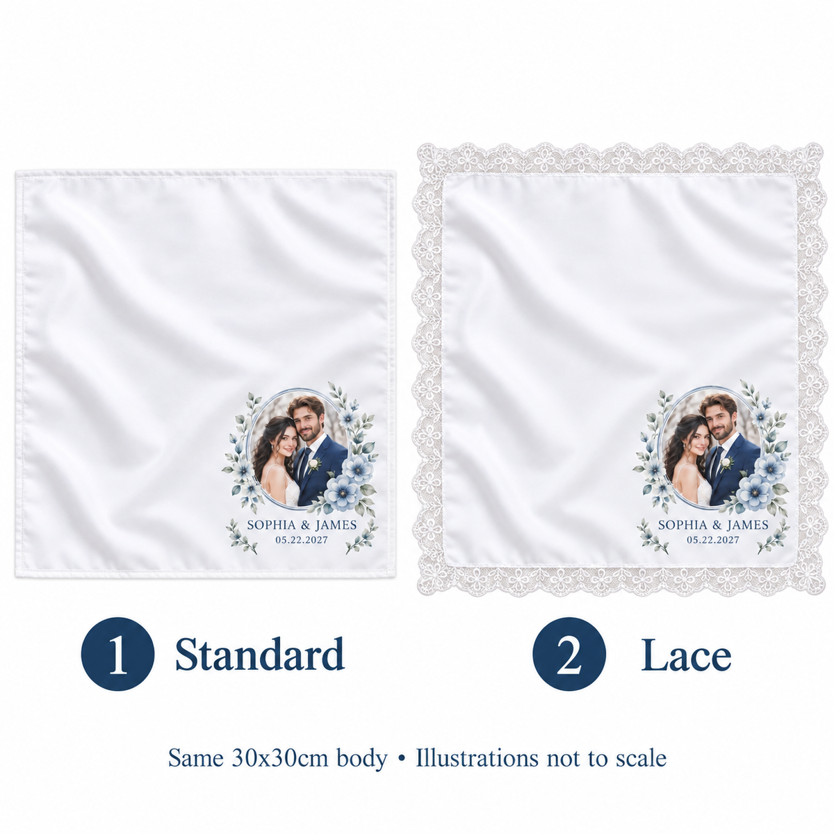 Blue Floral Photo printed satin wedding handkerchief - hem options