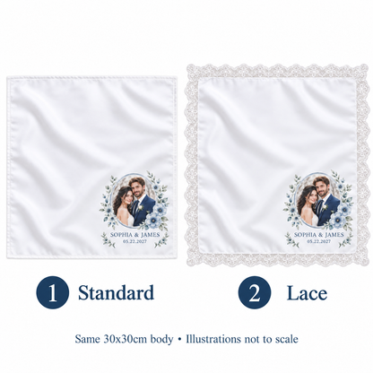 Blue Floral Photo printed satin wedding handkerchief - hem options