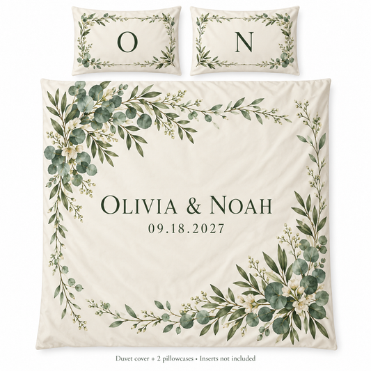 Sage Botanical personalized wedding duvet cover set - hero
