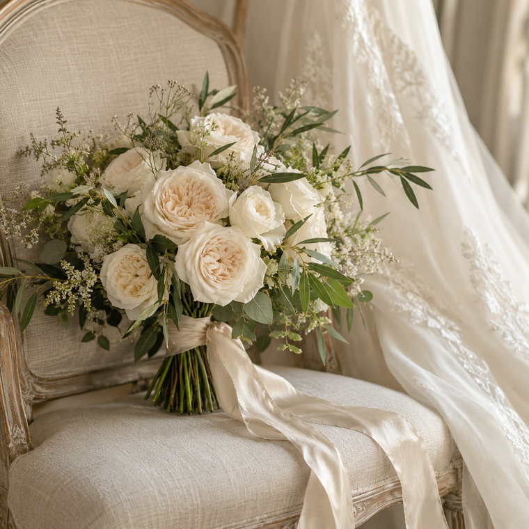 Ivory rose bridal bouquet with eucalyptus and satin ribbon resting beside a lace veil.