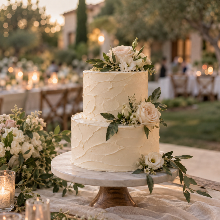 Two-tier ivory wedding cake with pale blush roses and greenery in a garden setting.