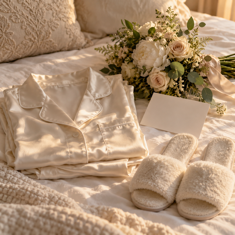 Cream satin pajamas, soft slippers and a white floral bouquet arranged for a calm wedding morning.