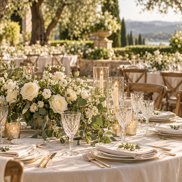 Outdoor wedding table with white flowers, crystal glasses, gold flatware and glowing taper candles.