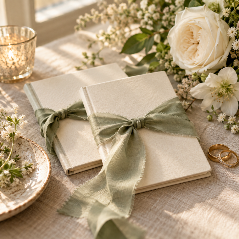 Ivory wedding vow books tied with sage ribbons, styled with white flowers and gold rings.